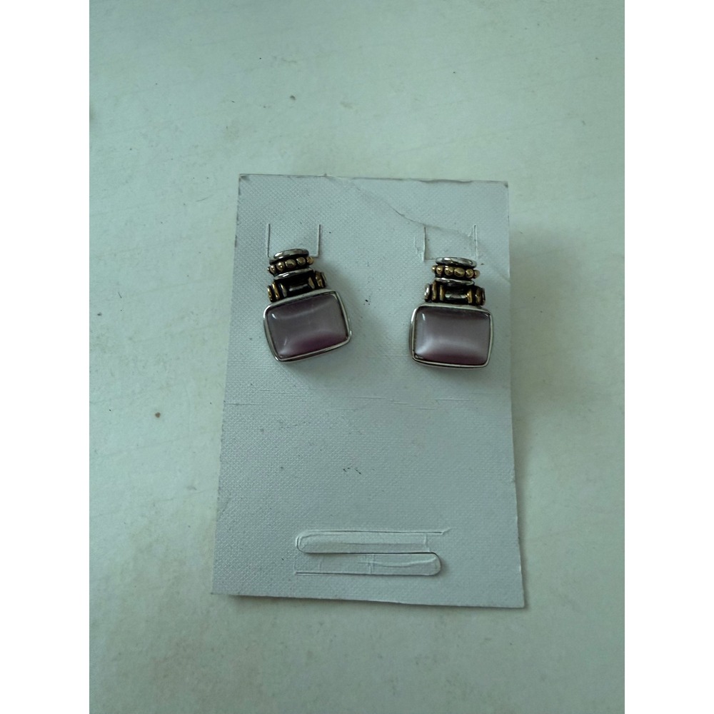Vintage Two‎ Tone Pink Cats Eye Rectangular Post Earrings Silver Gold Tone Mixed